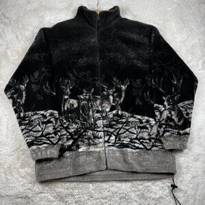Vintage MAZMANIA Deer AOP Fleece Full Zip Sweater Jacket Size XL Made in USA